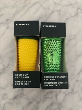 Starbucks Yellow Studded Cold Cup & Metallic Green Ornament Key Chain Duo